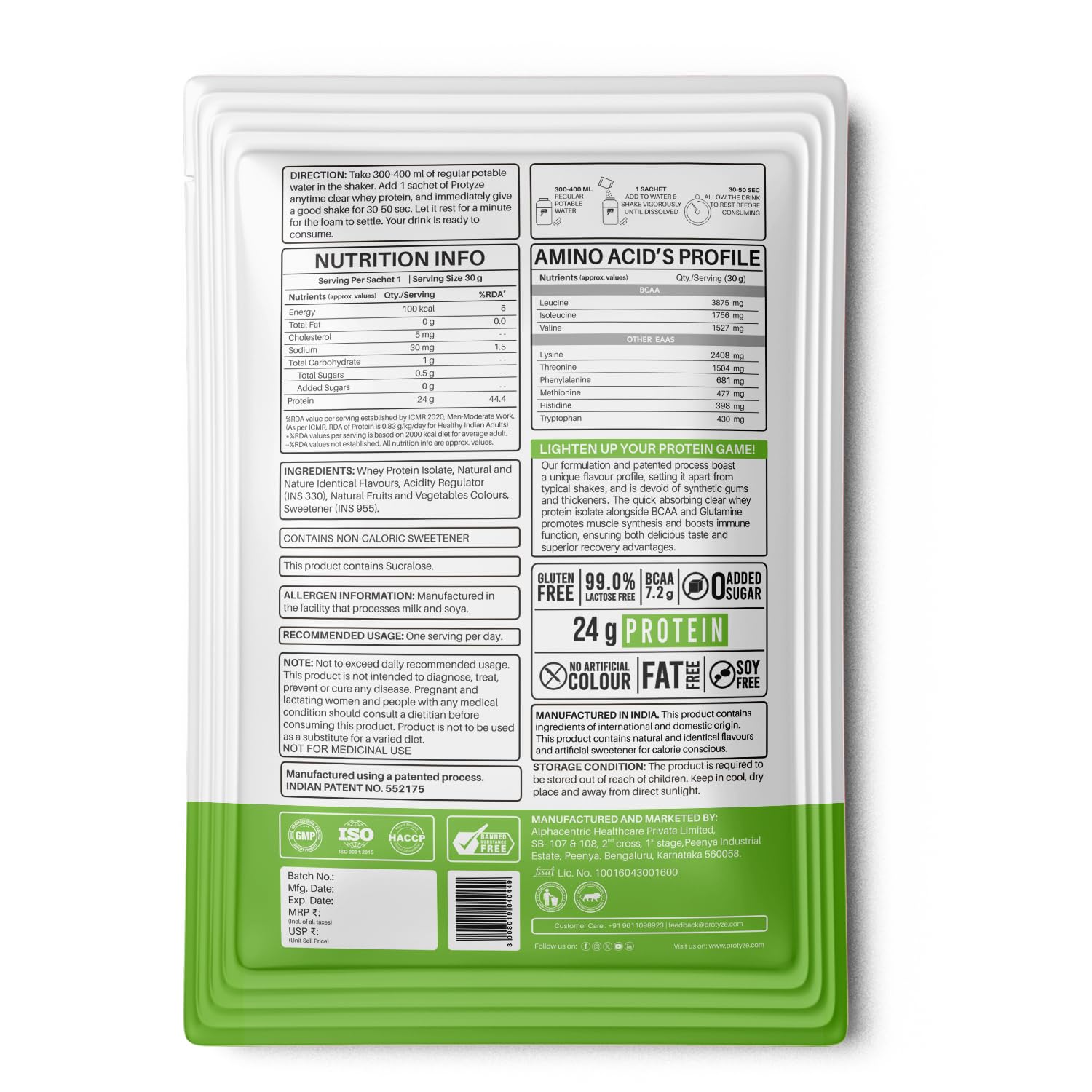 Protyze Anytime Clear Whey Protein Powder, 24g Protein, 7.2g BCAAs, Non GMO, Gluten Free - ingredients panel (40)