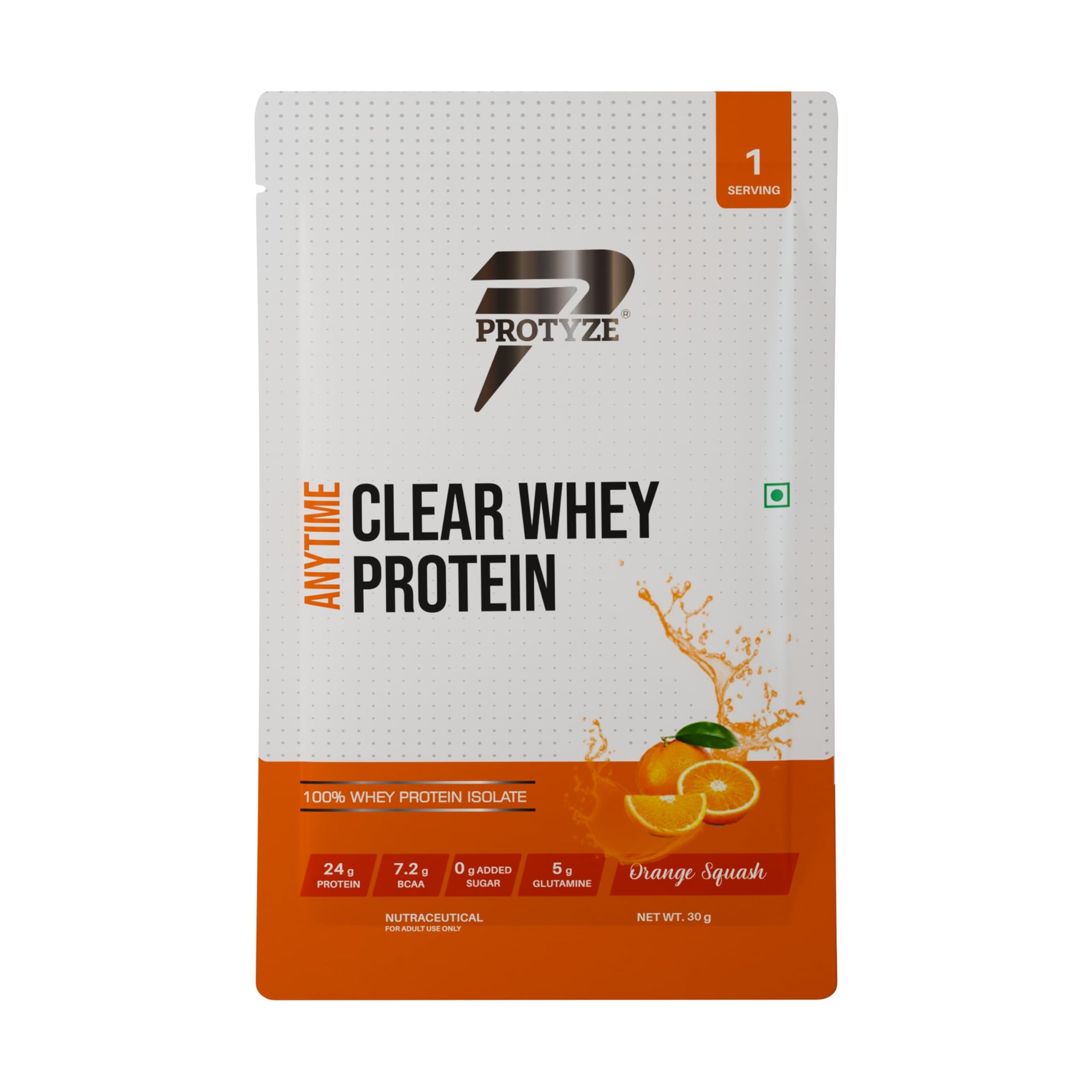 Protyze Anytime Clear Whey Protein Powder, 24g Protein, 7.2g BCAAs, Non GMO, Gluten Free - front view (54)