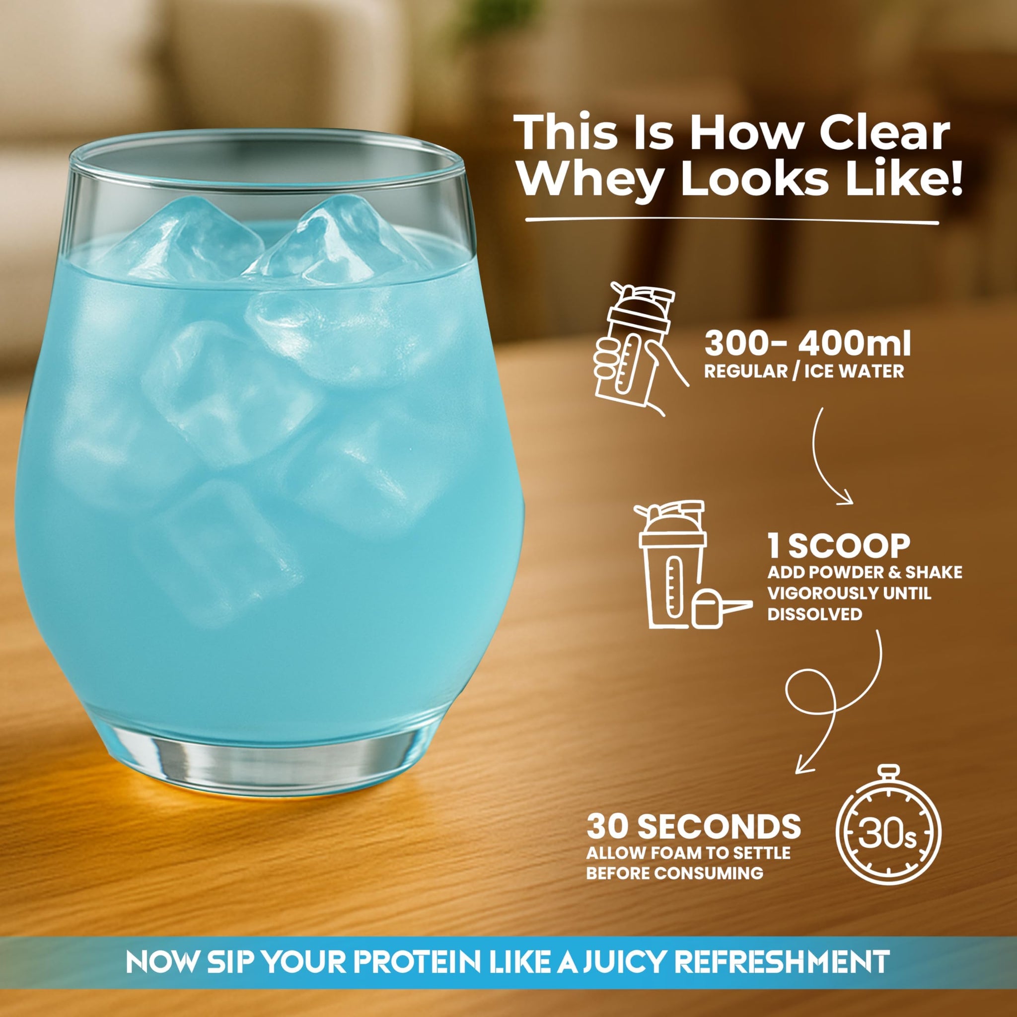 Protyze Anytime Clear Whey Protein Powder, 24g Protein, 7.2g BCAAs, Non GMO, Gluten Free - close-up detail