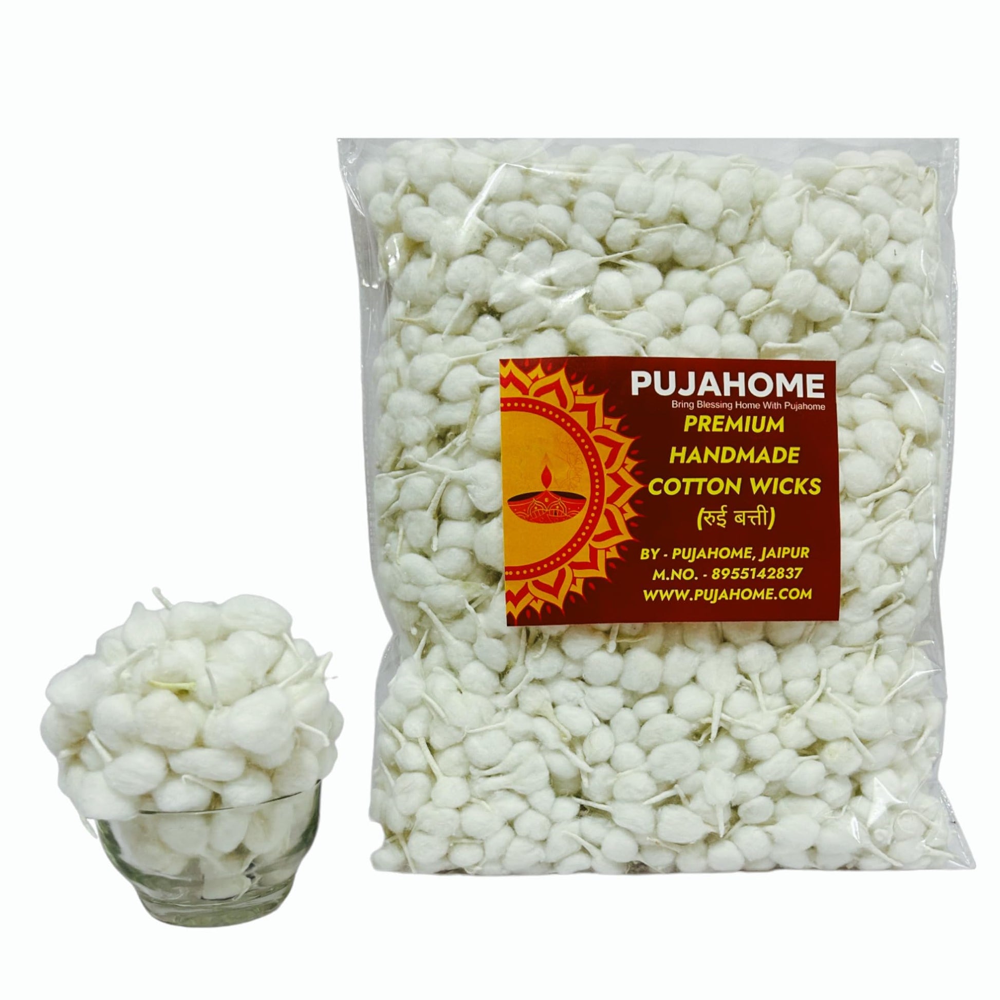 Pujahome Round Cotton Wicks - Handmade Biodegradable Cotton Wicks for Diya Pooja Aarti - front view (10)