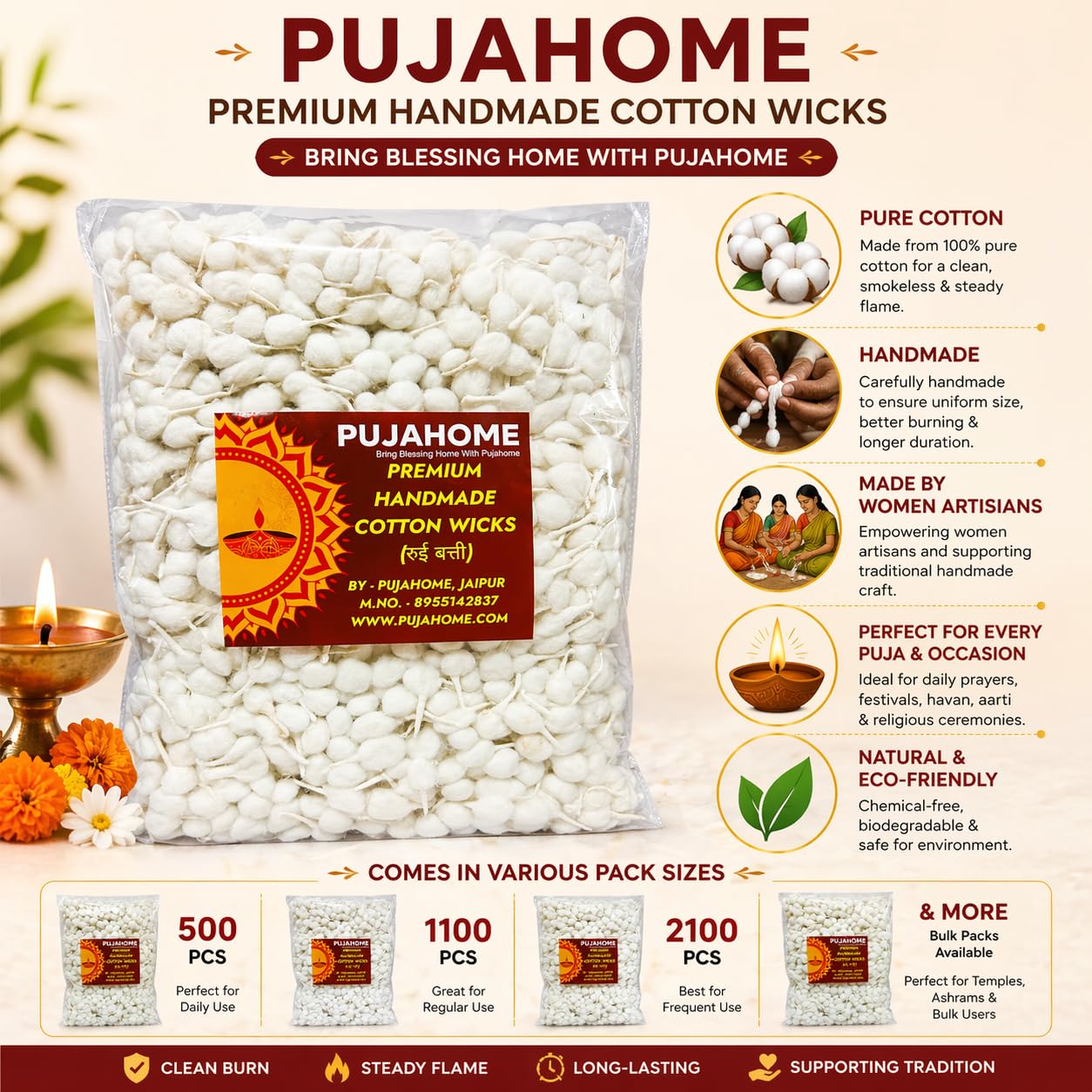 Pujahome Round Cotton Wicks - Handmade Biodegradable Cotton Wicks for Diya Pooja Aarti - close-up detail (14)
