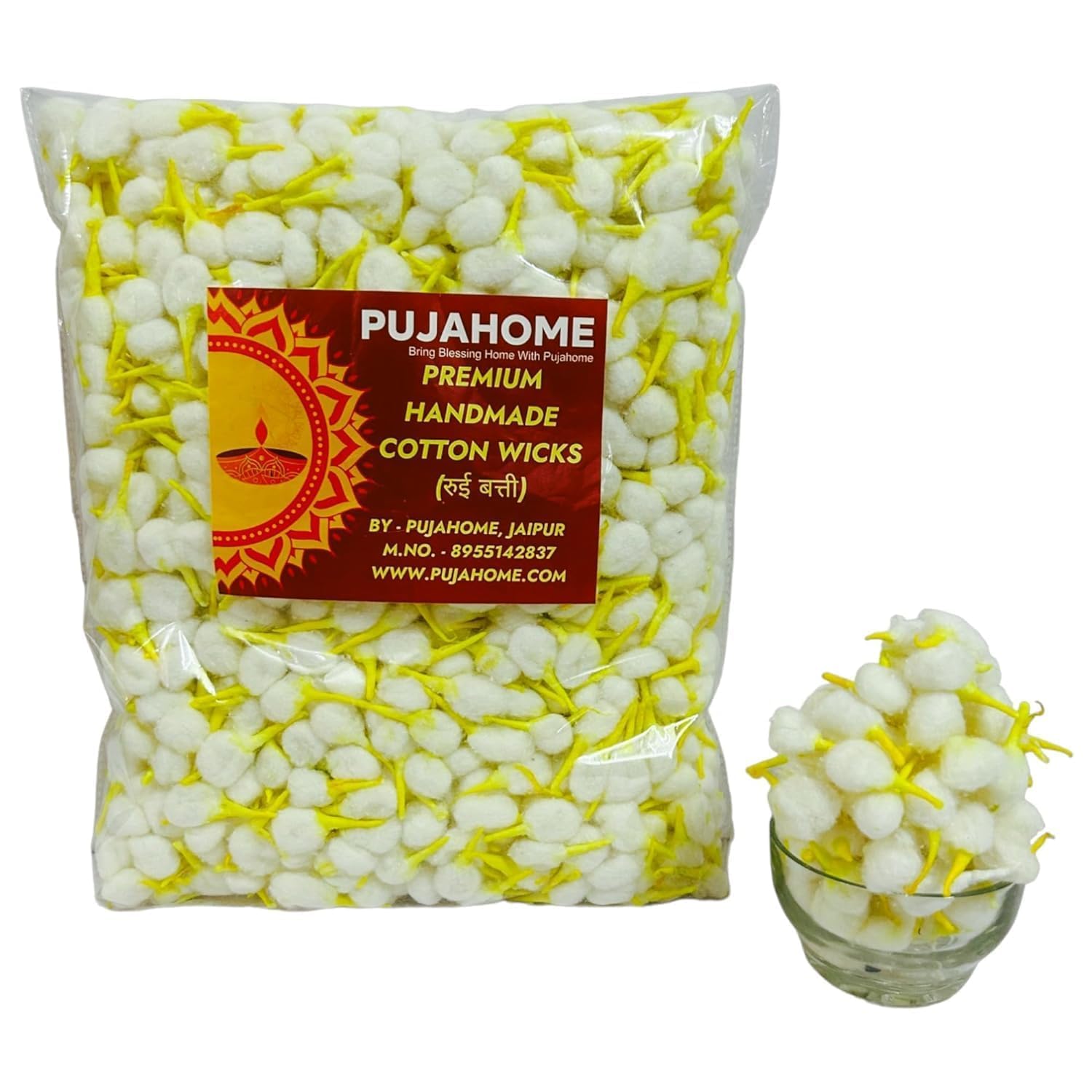 Pujahome Round Cotton Wicks - Handmade Biodegradable Cotton Wicks for Diya Pooja Aarti - front view (16)