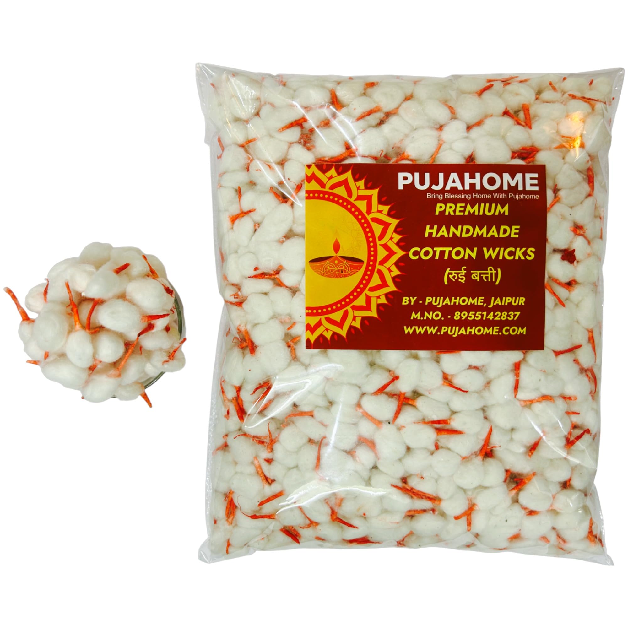 Pujahome Round Cotton Wicks - Handmade Biodegradable Cotton Wicks for Diya Pooja Aarti - front view