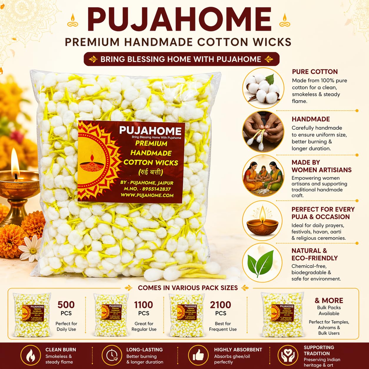 Pujahome Round Cotton Wicks - Handmade Biodegradable Cotton Wicks for Diya Pooja Aarti - close-up detail (21)