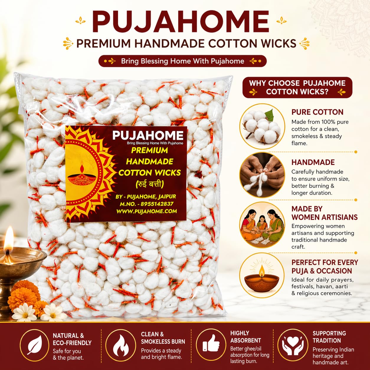 Pujahome Round Cotton Wicks - Handmade Biodegradable Cotton Wicks for Diya Pooja Aarti - close-up detail