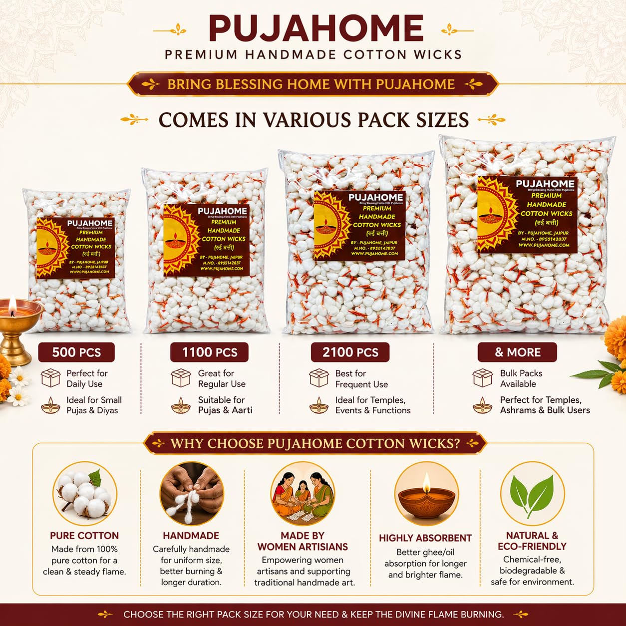 Pujahome Round Cotton Wicks - Handmade Biodegradable Cotton Wicks for Diya Pooja Aarti - in use