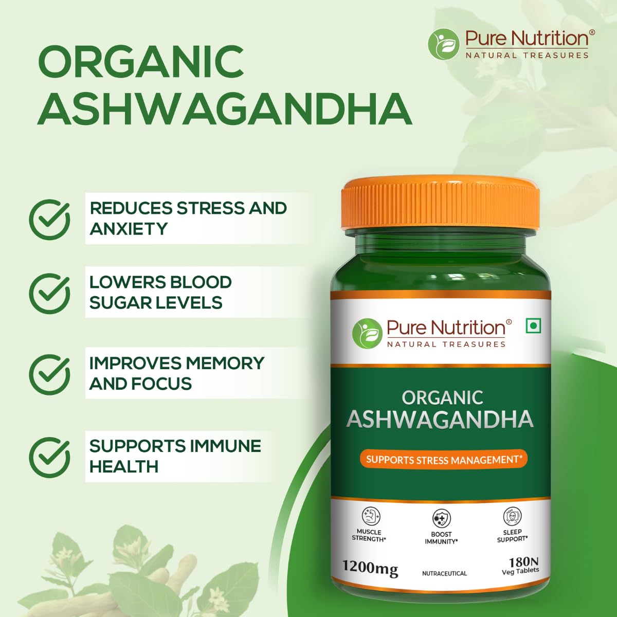 PURE NUTRITION NATURAL TREASURES Ashwagandha Powder, 100g, USDA Organic Certified, Herbal Supplement - back view (10)