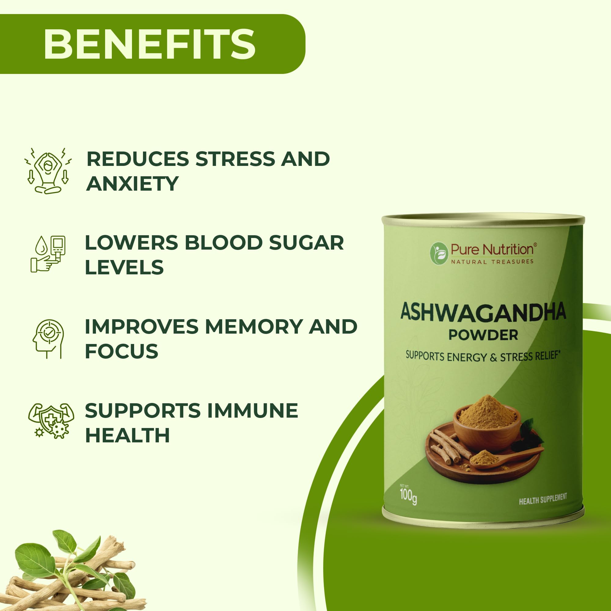PURE NUTRITION NATURAL TREASURES Ashwagandha Powder, 100g, USDA Organic Certified, Herbal Supplement - front view