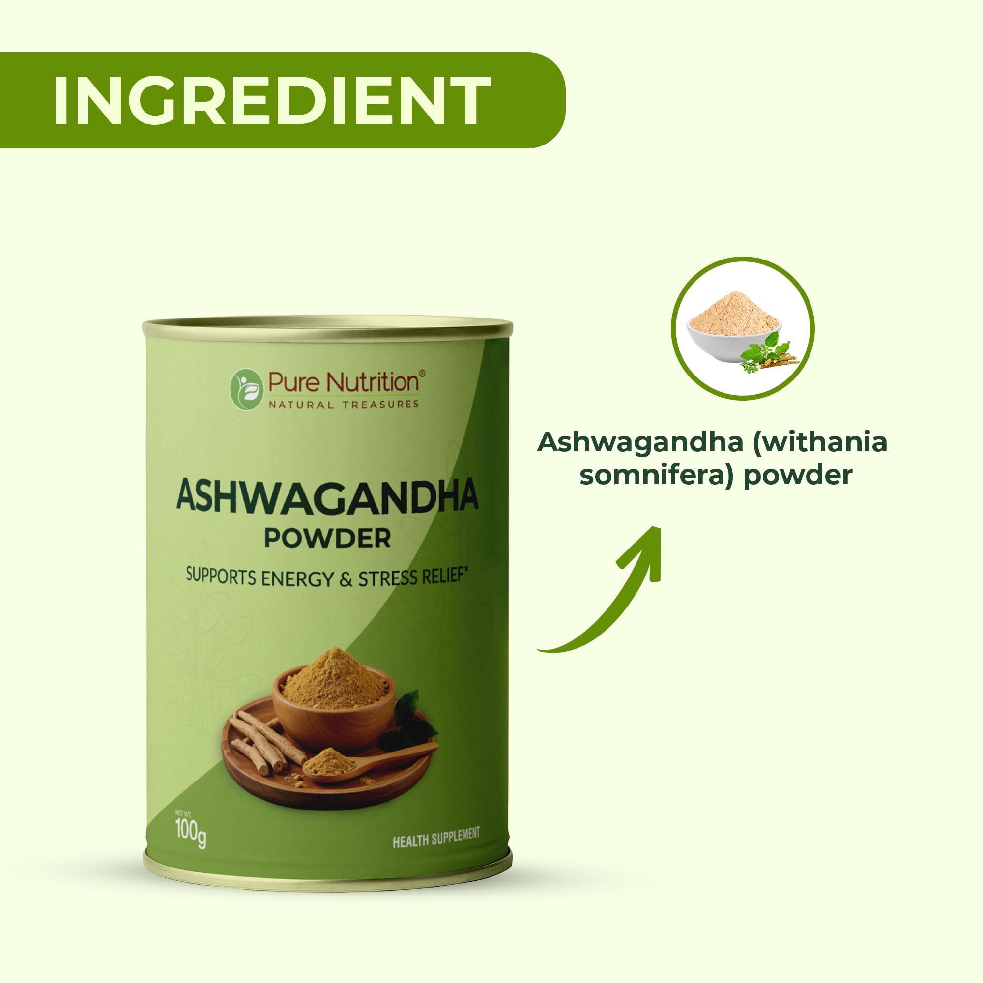 PURE NUTRITION NATURAL TREASURES Ashwagandha Powder, 100g, USDA Organic Certified, Herbal Supplement - back view