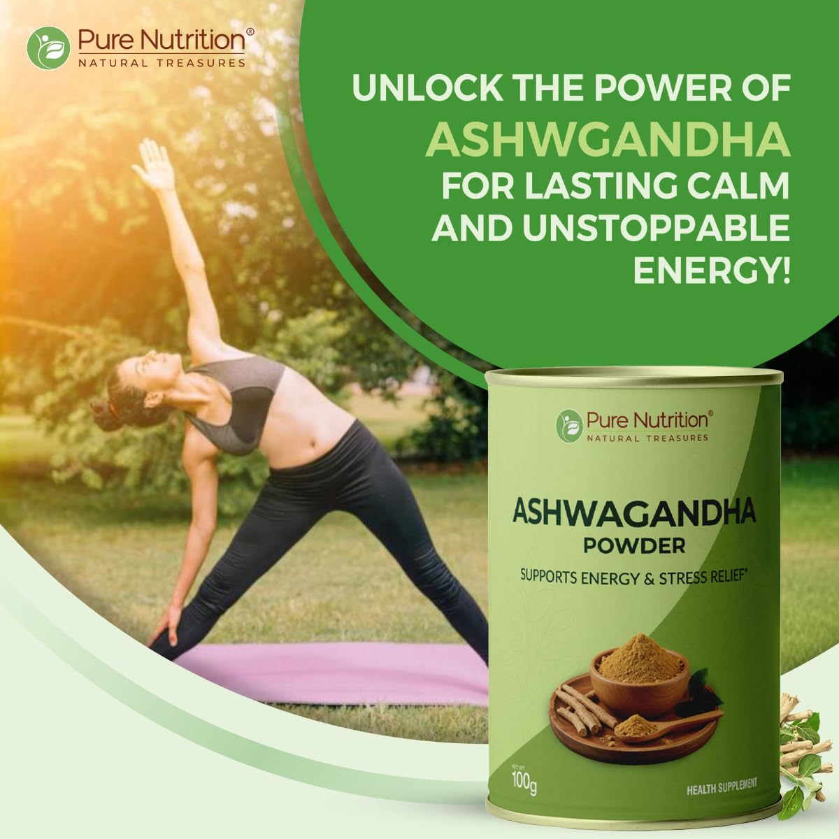 PURE NUTRITION NATURAL TREASURES Ashwagandha Powder, 100g, USDA Organic Certified, Herbal Supplement - label detail