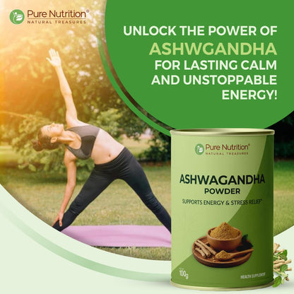 PURE NUTRITION NATURAL TREASURES Ashwagandha Powder, 100g, USDA Organic Certified, Herbal Supplement - label detail