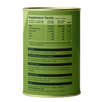 PURE NUTRITION NATURAL TREASURES Ashwagandha Powder, 100g, USDA Organic Certified, Herbal Supplement - ingredients panel