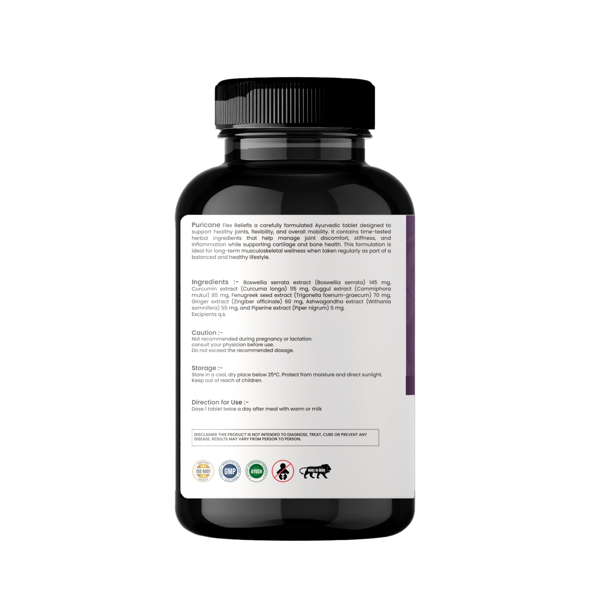 Puricane Joint Care Tablets, Herbal Supplement with Boswellia, Curcumin, Ashwagandha, Guggul, Fenugreek, Ginger & Piperine, 5