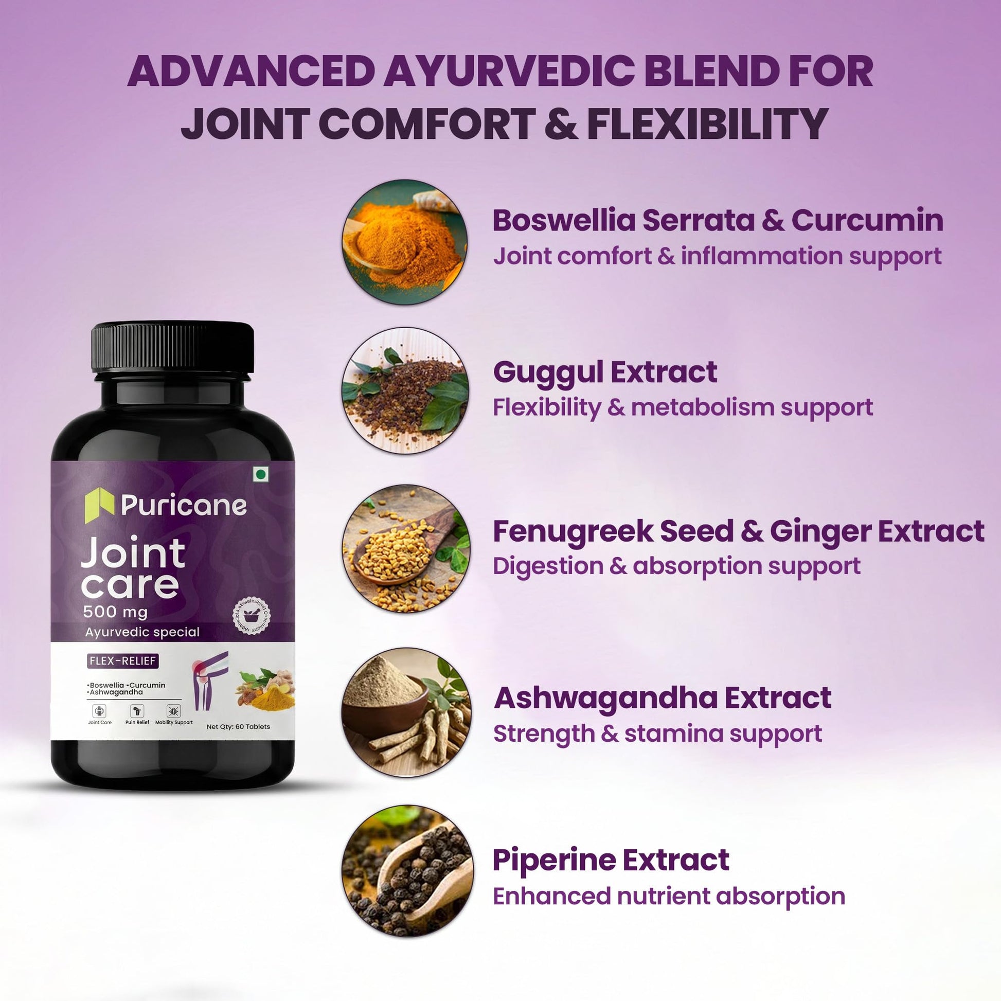 Puricane Joint Care Tablets, Herbal Supplement with Boswellia, Curcumin, Ashwagandha, Guggul, Fenugreek, Ginger & Piperine, 5