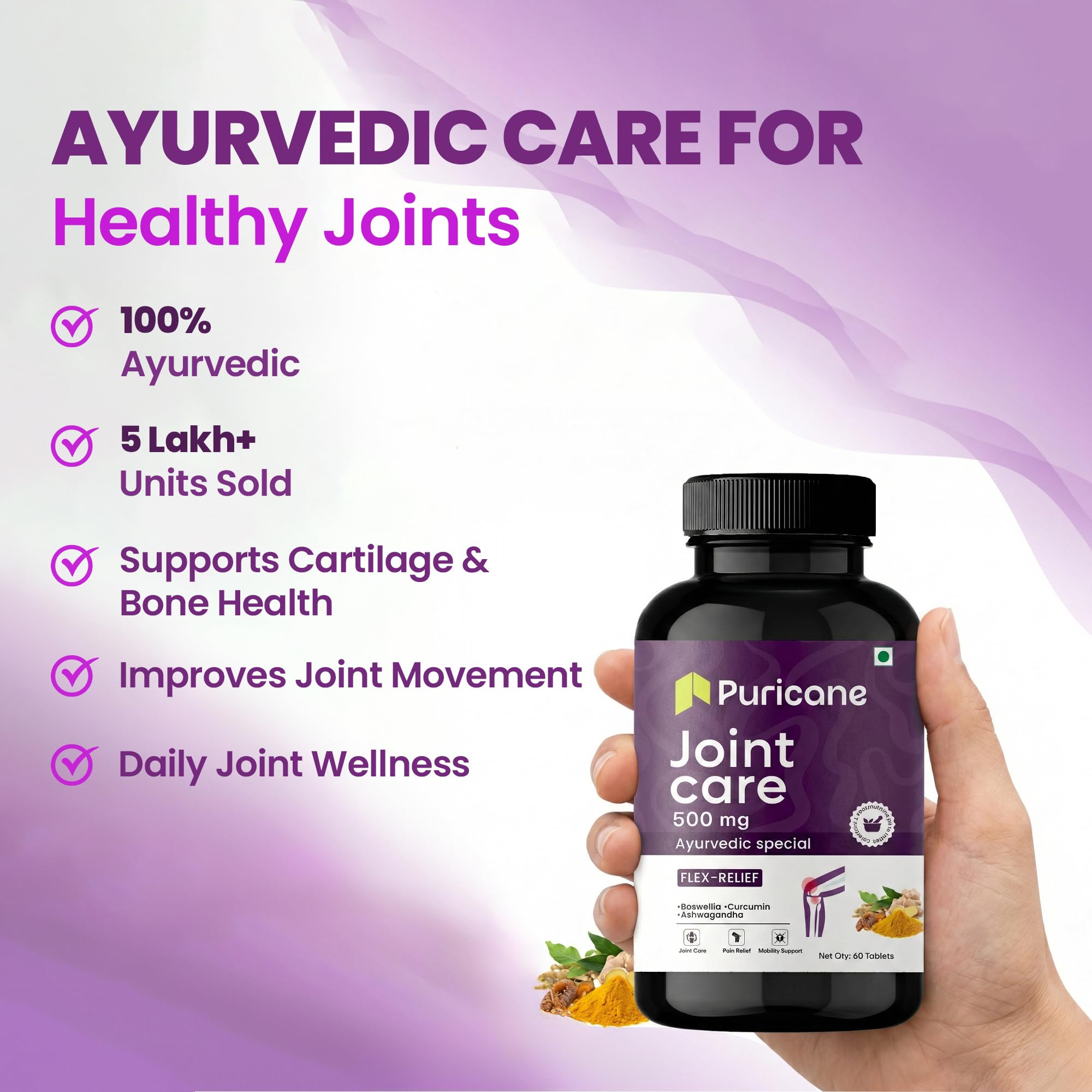 Puricane Joint Care Tablets, Herbal Supplement with Boswellia, Curcumin, Ashwagandha, Guggul, Fenugreek, Ginger & Piperine, 5