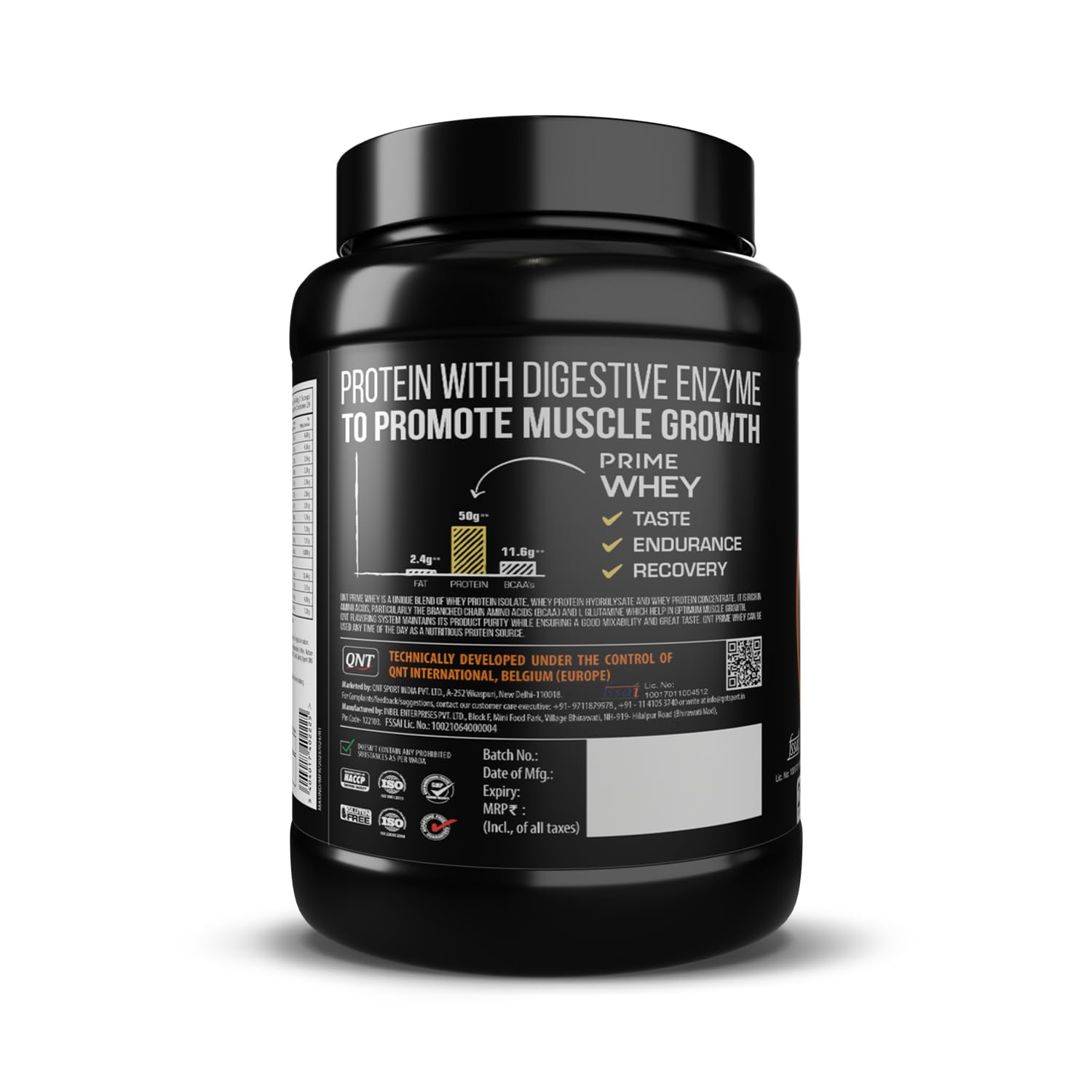 QNT Prime Whey Protein Powder, 500g, Choco Badam, Triple Blend Formula, Dietary Supplement - front view (16)