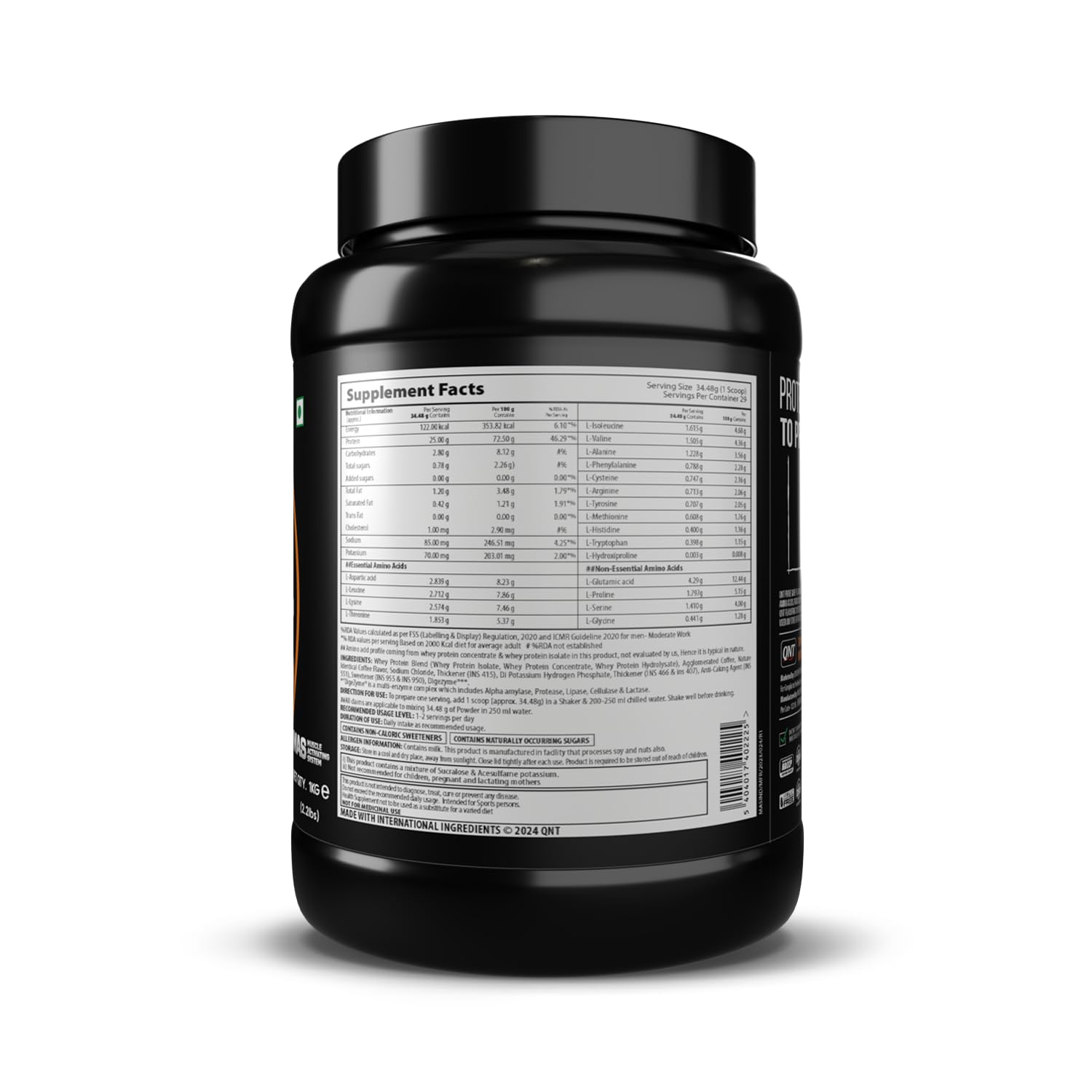 QNT Prime Whey Protein Powder, 500g, Choco Badam, Triple Blend Formula, Dietary Supplement - back view (17)