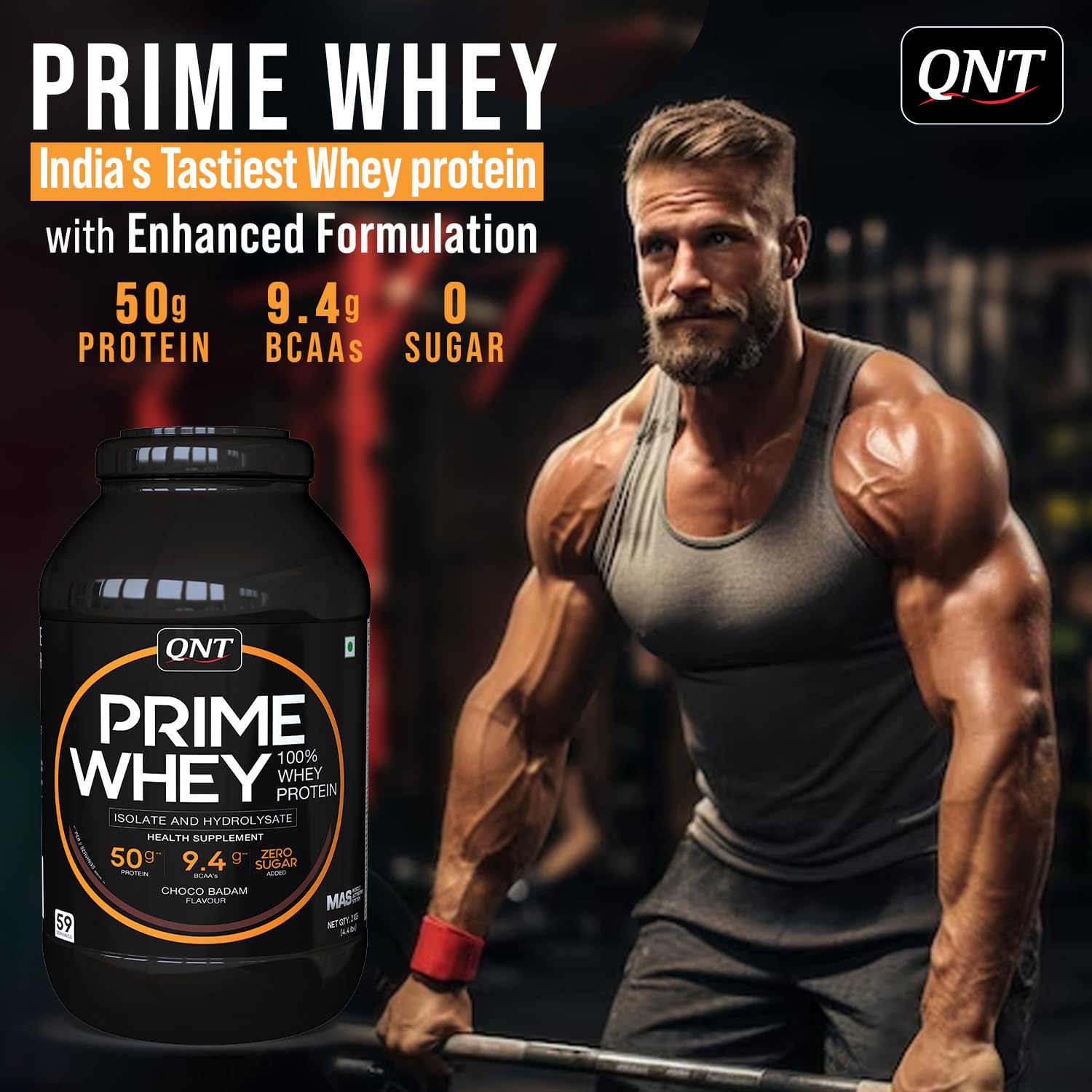 QNT Prime Whey Protein Powder, 500g, Choco Badam, Triple Blend Formula, Dietary Supplement - front view