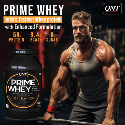 QNT Prime Whey Protein Powder, 500g, Choco Badam, Triple Blend Formula, Dietary Supplement - front view