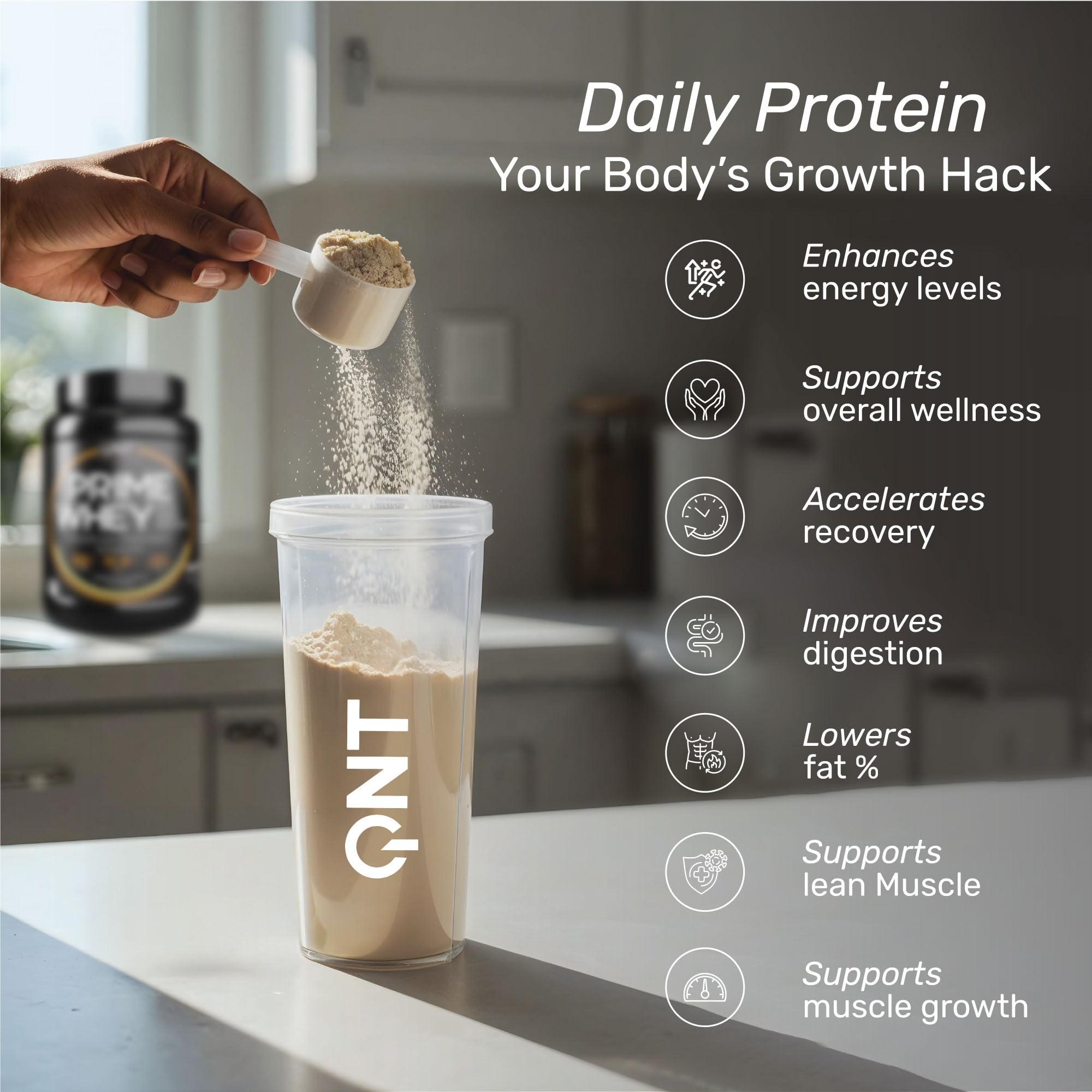 QNT Prime Whey Protein Powder, 500g, Choco Badam, Triple Blend Formula, Dietary Supplement - size and scale (23)