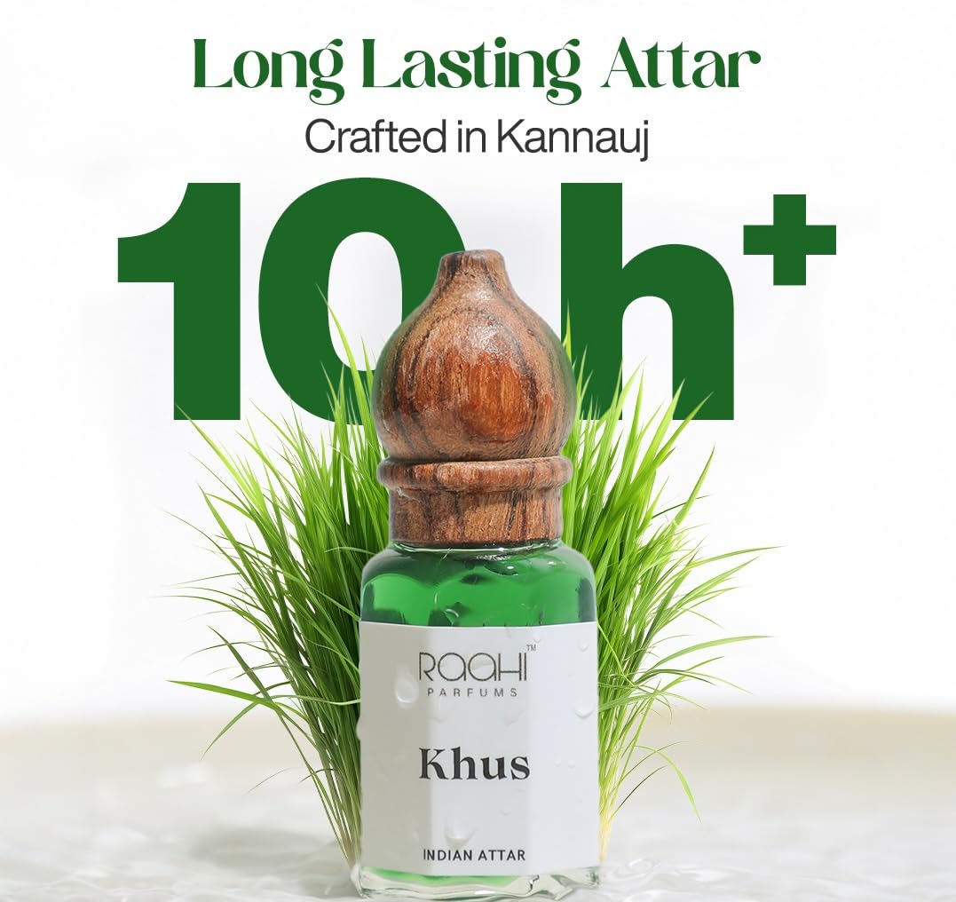 Raahi Parfums Khus Attar, 12ml Natural Fragrance, Unisex, Traditional Kannauj Perfume - front view