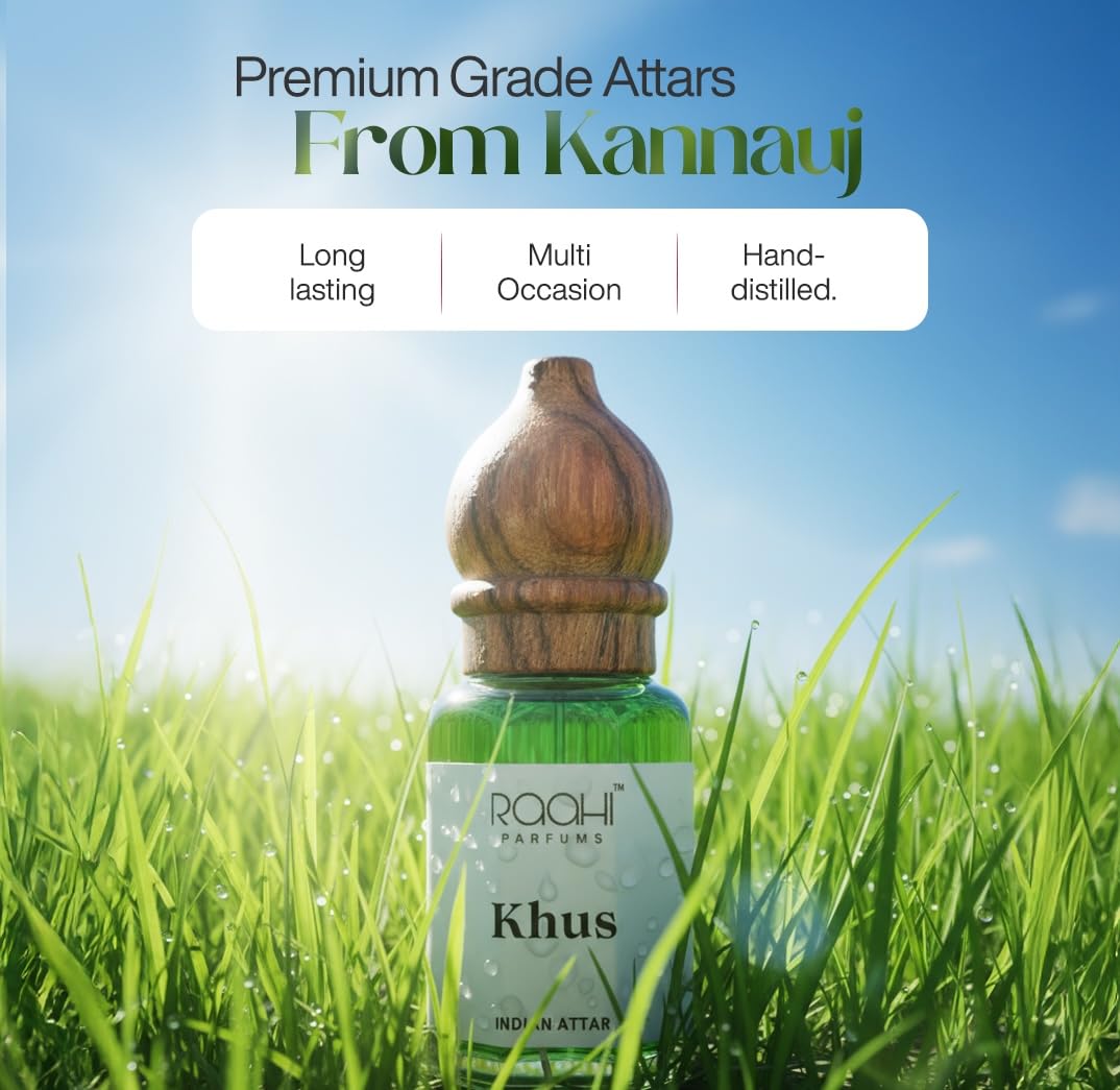 Raahi Parfums Khus Attar, 12ml Natural Fragrance, Unisex, Traditional Kannauj Perfume - packaging