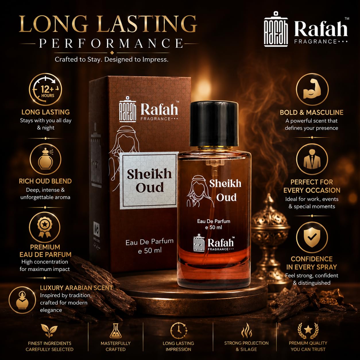 Rafah Fragrance Sheikh Oud Eau De Parfum, 50ml, Unisex Woody Amber Fragrance - front view