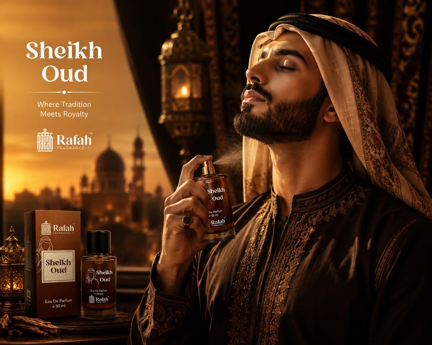 Rafah Fragrance Sheikh Oud Eau De Parfum, 50ml, Unisex Woody Amber Fragrance - back view