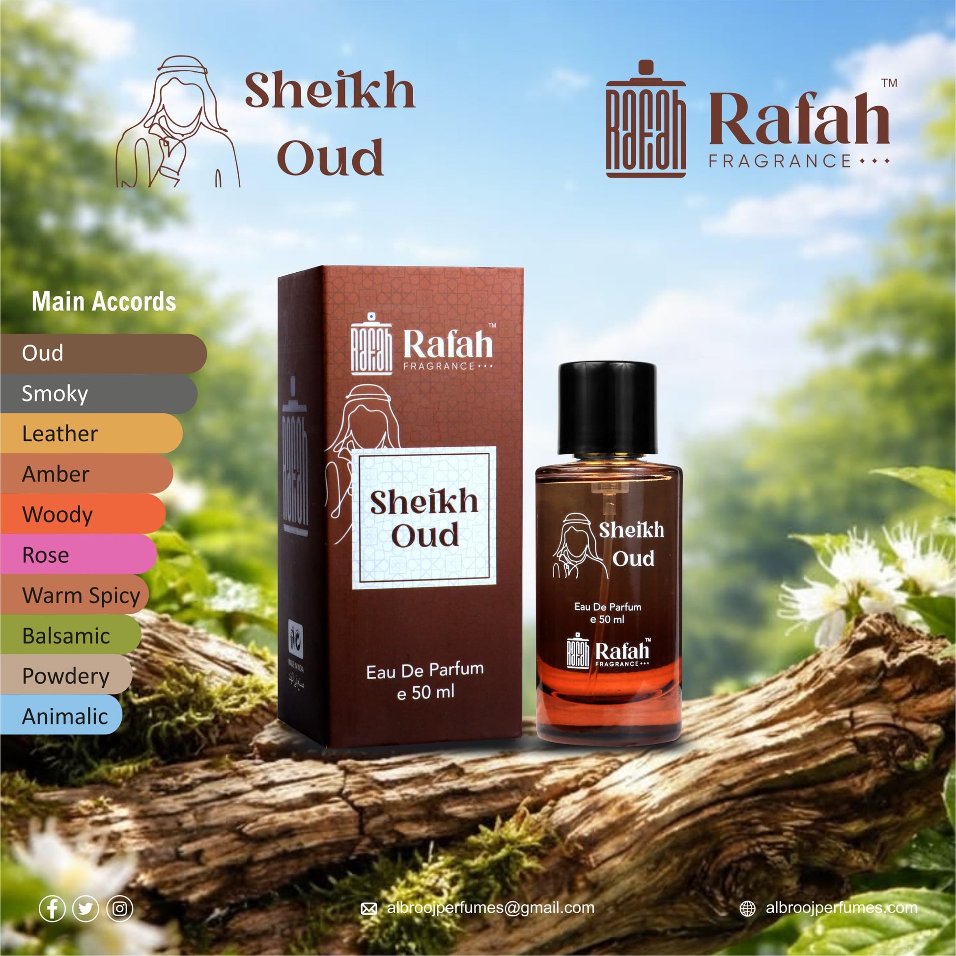 Rafah Fragrance Sheikh Oud Eau De Parfum, 50ml, Unisex Woody Amber Fragrance - label detail