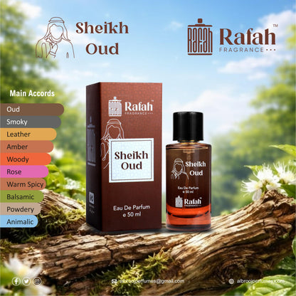 Rafah Fragrance Sheikh Oud Eau De Parfum, 50ml, Unisex Woody Amber Fragrance - label detail