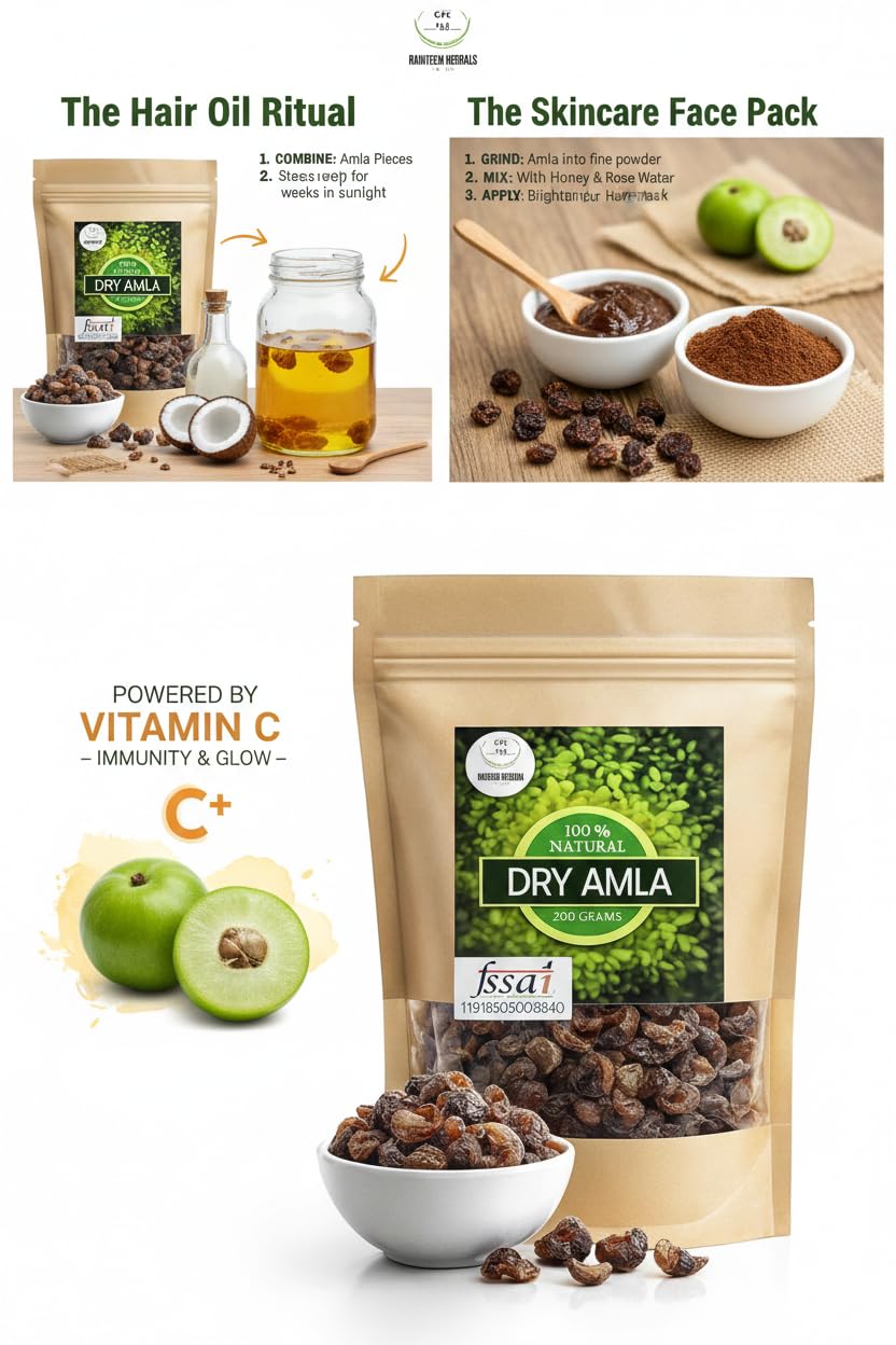 RAINTECH HERBALS Dry Amla Pieces, 200g, Organic Indian Gooseberry (Phyllanthus Emblica) - Dried Fruit - front view