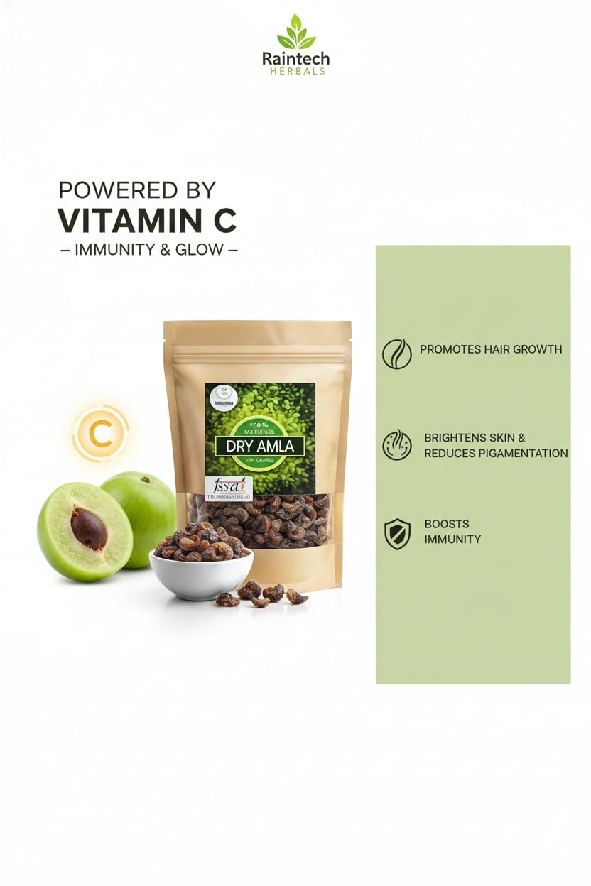 RAINTECH HERBALS Dry Amla Pieces, 200g, Organic Indian Gooseberry (Phyllanthus Emblica) - Dried Fruit - packaging