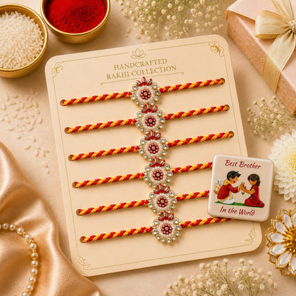 Rakhi for Brother Set of 6 with Fridge Magnet Gift | Designer Stone Rakhi Combo Pack | Raksha Bandhan Thread for Bhai | Handm