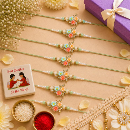Rakhi for Brother Set of 8 with Fridge Magnet Gift | Designer Floral Pearl Rakhi Combo Pack | Handmade Raksha Bandhan Rakhi S