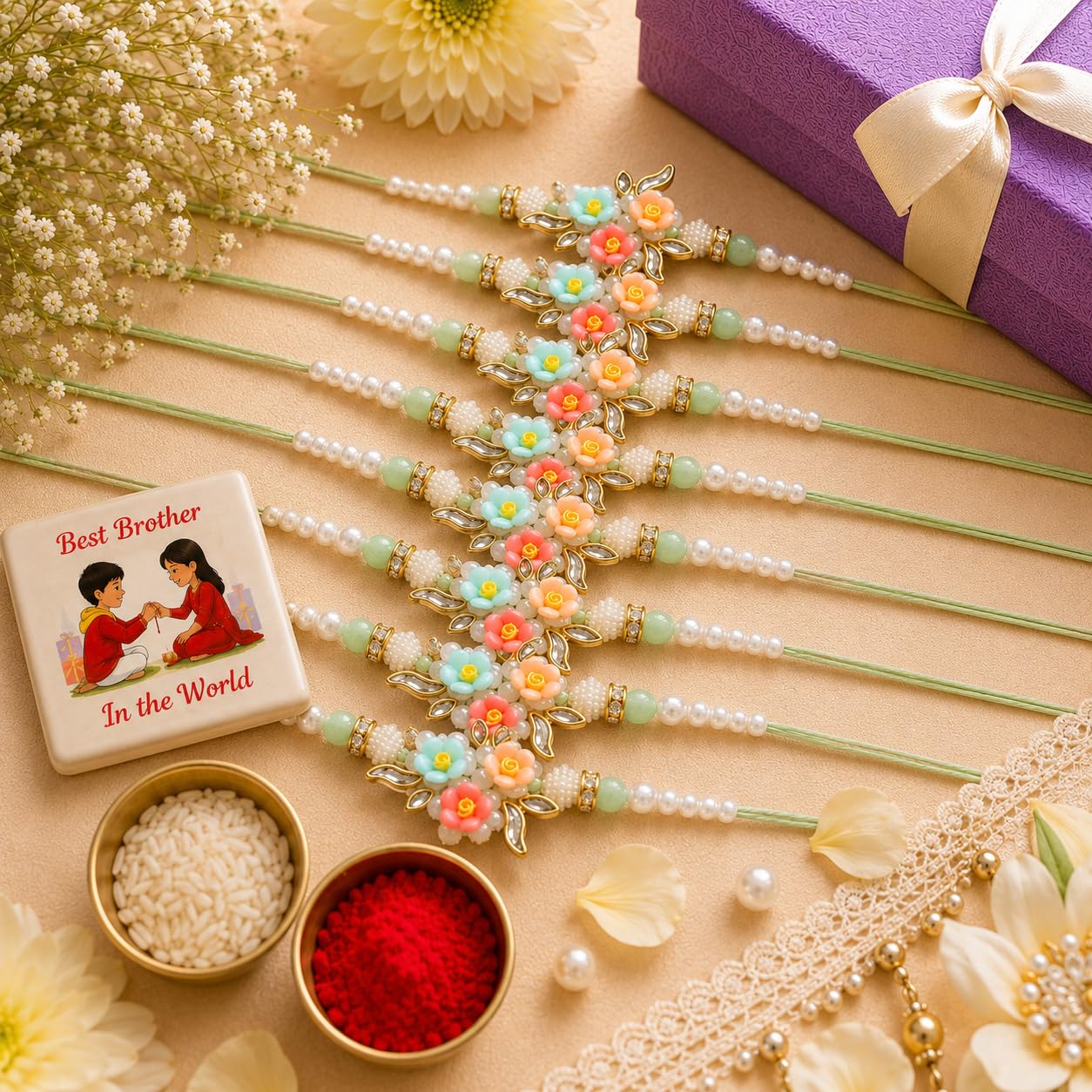 Rakhi for Brother Set of 8 with Fridge Magnet Gift | Designer Floral Pearl Rakhi Combo Pack | Handmade Raksha Bandhan Rakhi S