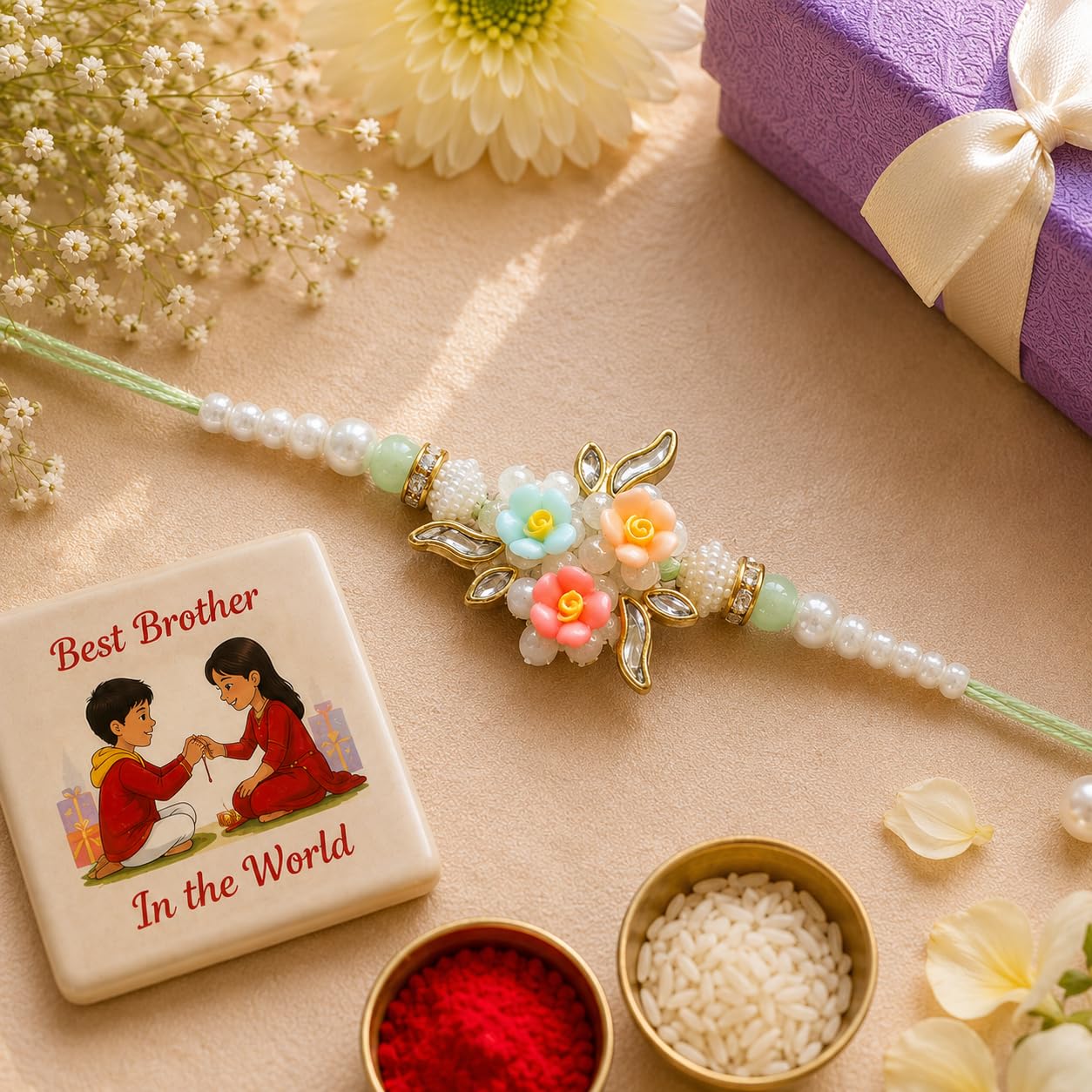 Rakhi for Brother Set of 8 with Fridge Magnet Gift | Designer Floral Pearl Rakhi Combo Pack | Handmade Raksha Bandhan Rakhi S
