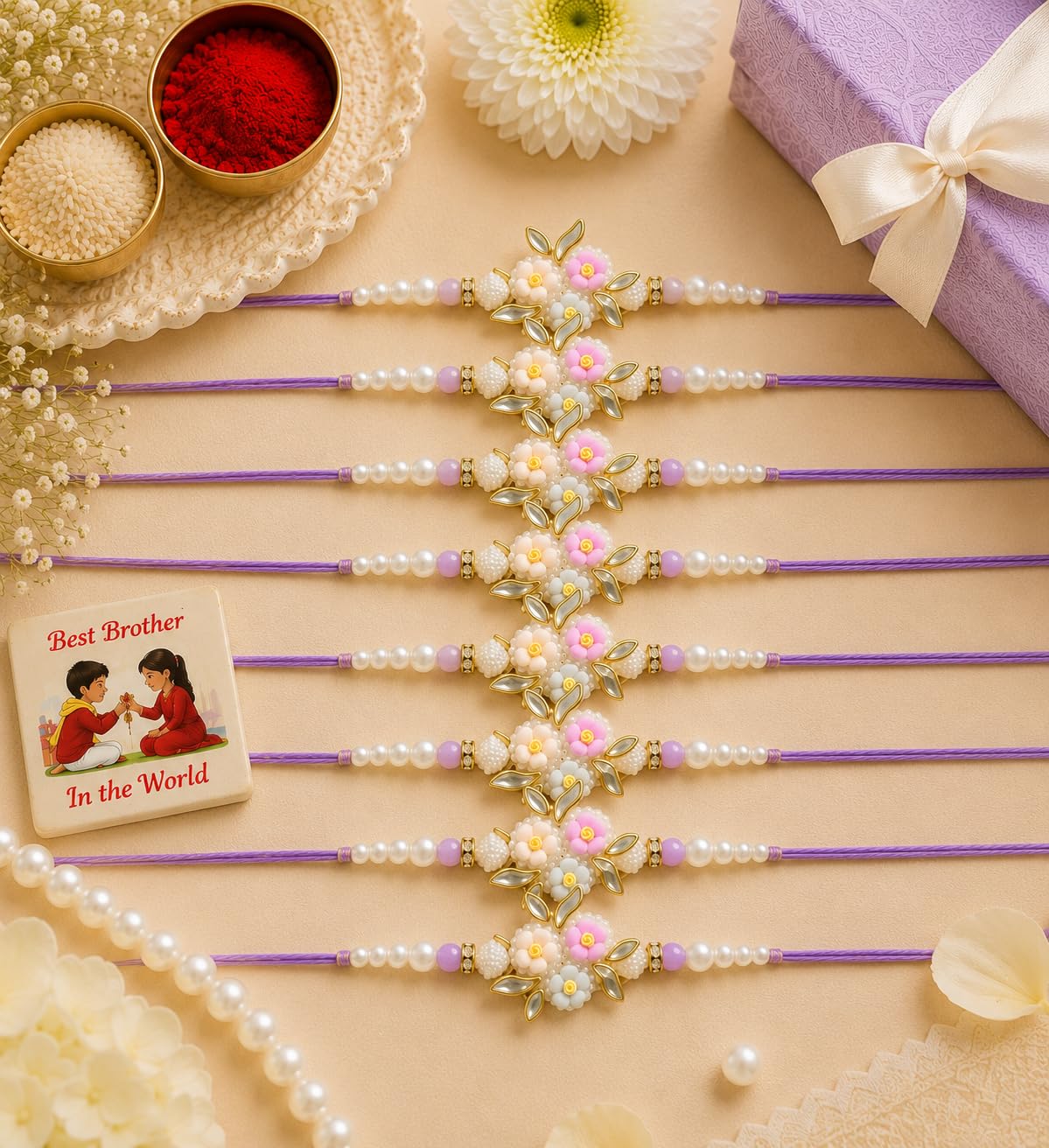 Rakhi for Brother Set of 8 with Fridge Magnet Gift | Designer Floral Pearl Rakhi Combo Pack | Handmade Raksha Bandhan Rakhi S