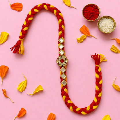 Rakhi set for brother 5pcs with roli chawal | Traditional Handmade rakhdi for bhai | Raksha Bandhan Combo - front view