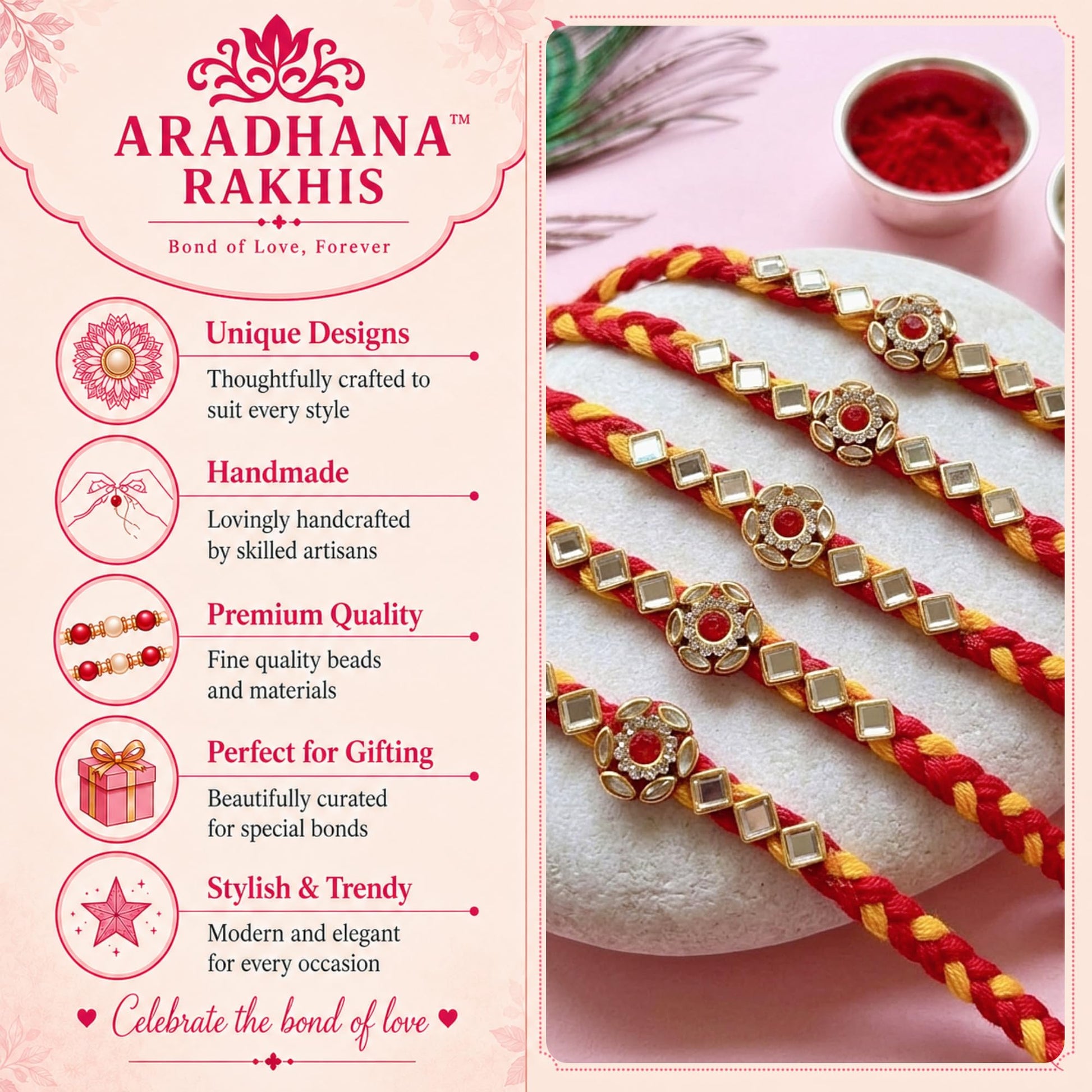 Rakhi set for brother 5pcs with roli chawal | Traditional Handmade rakhdi for bhai | Raksha Bandhan Combo - packaging