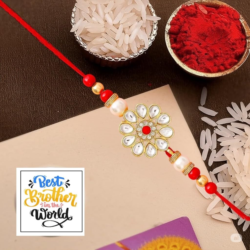 Rakhi Set for Brother with Roli Chawal, Kundan Rakhi, Pack of 2, Raksha Bandhan Pooja Supplies - front view