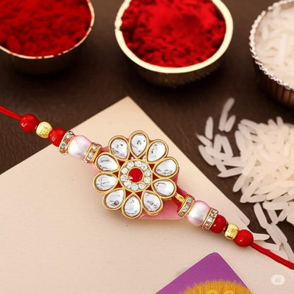 Rakhi Set for Brother with Roli Chawal, Kundan Rakhi, Pack of 2, Raksha Bandhan Pooja Supplies - label detail