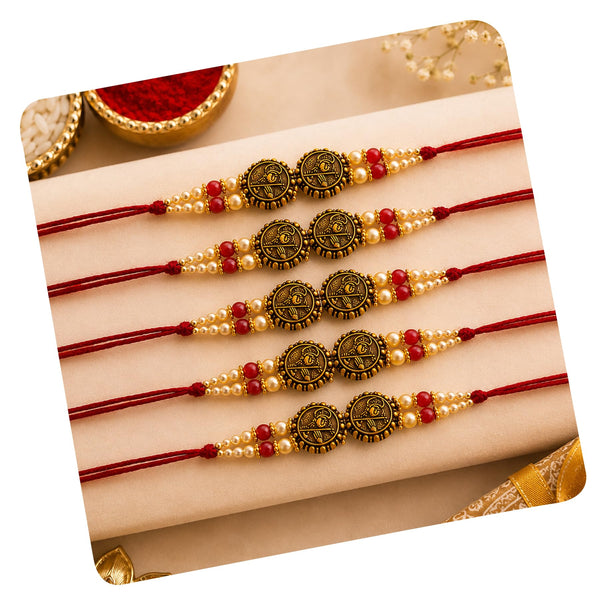 Rakhi Set of 5 Rakhi Gift Combo for Brother Boy Men Kids, Rudraksh Rakhi Gift, Dora Kundan Meena Rakhi Band Moli Bracelet Sto