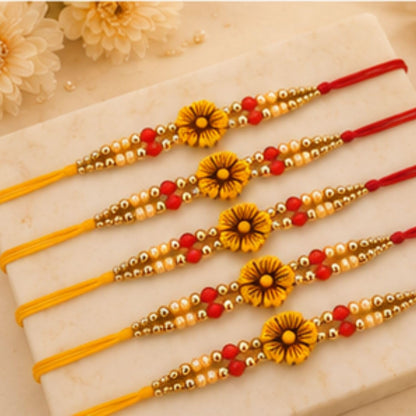 Rakhi Set of 5 Rakhi Gift Combo for Brother Boy Men Kids, Rudraksh Rakhi Gift, Dora Kundan Meena Rakhi Band Moli Bracelet Sto