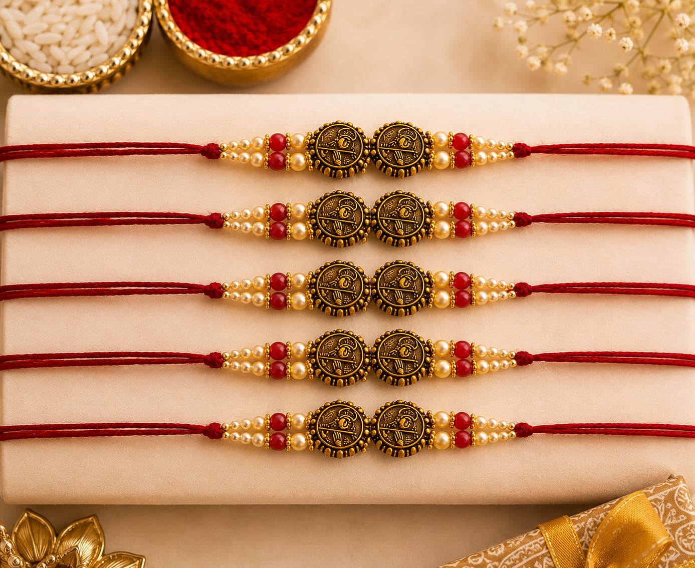 Rakhi Set of 5 Rakhi Gift Combo for Brother Boy Men Kids, Rudraksh Rakhi Gift, Dora Kundan Meena Rakhi Band Moli Bracelet Sto