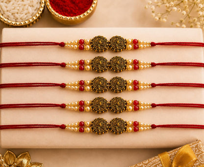 Rakhi Set of 5 Rakhi Gift Combo for Brother Boy Men Kids, Rudraksh Rakhi Gift, Dora Kundan Meena Rakhi Band Moli Bracelet Sto