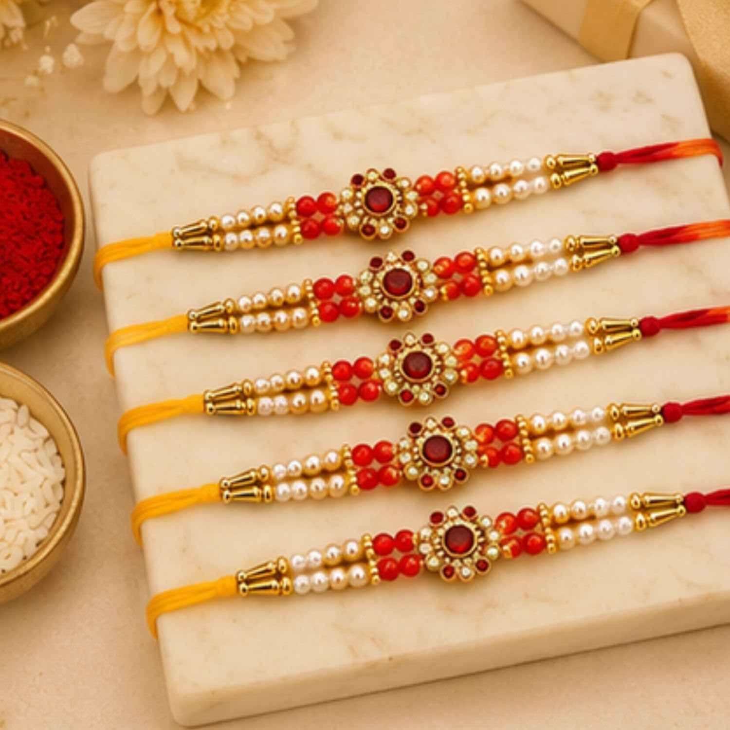 Rakhi Set of 5 Rakhi Gift Combo for Brother Boy Men Kids, Rudraksh Rakhi Gift, Dora Kundan Meena Rakhi Band Moli Bracelet Sto