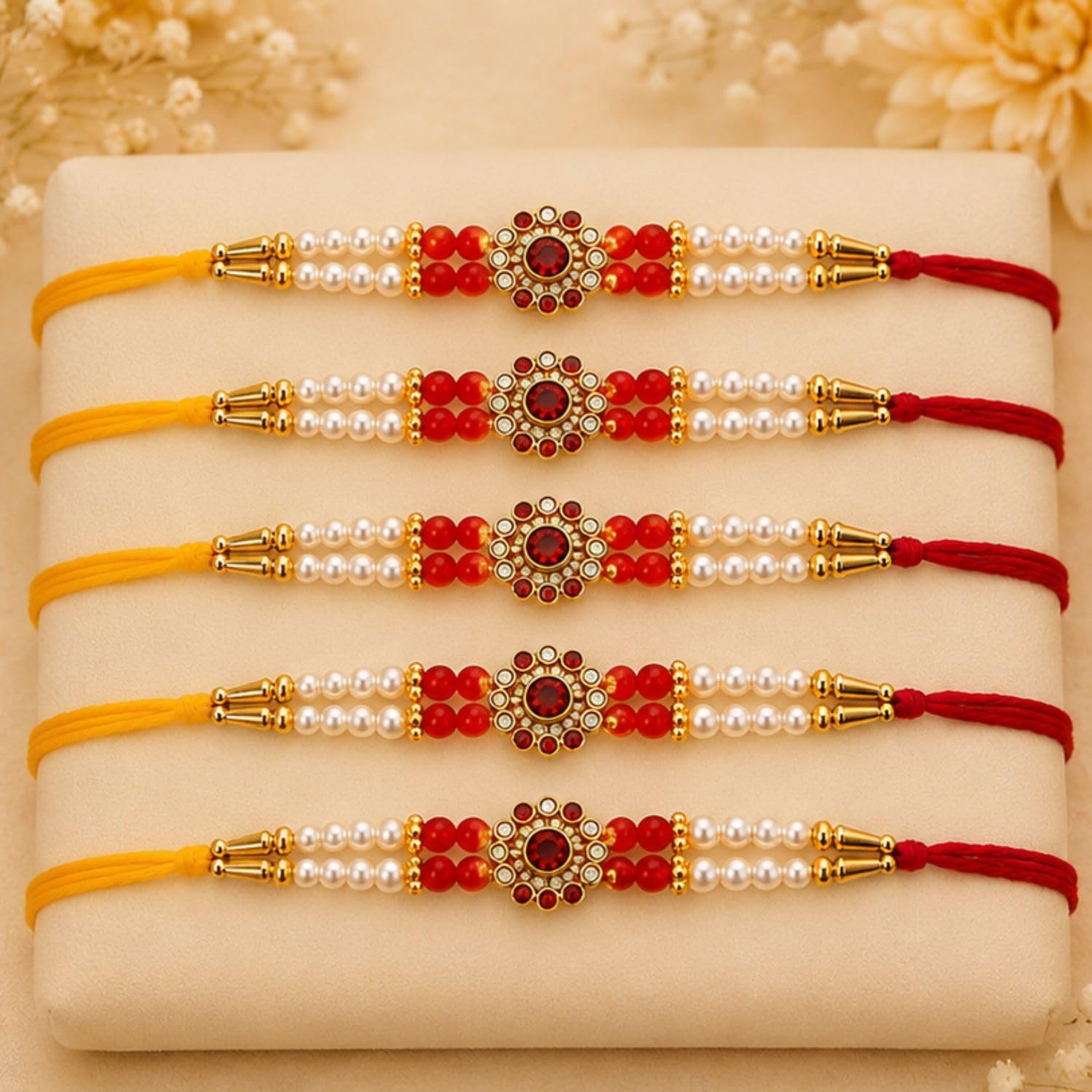 Rakhi Set of 5 Rakhi Gift Combo for Brother Boy Men Kids, Rudraksh Rakhi Gift, Dora Kundan Meena Rakhi Band Moli Bracelet Sto