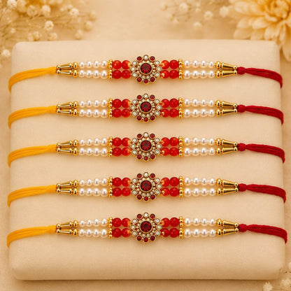 Rakhi Set of 5 Rakhi Gift Combo for Brother Boy Men Kids, Rudraksh Rakhi Gift, Dora Kundan Meena Rakhi Band Moli Bracelet Sto