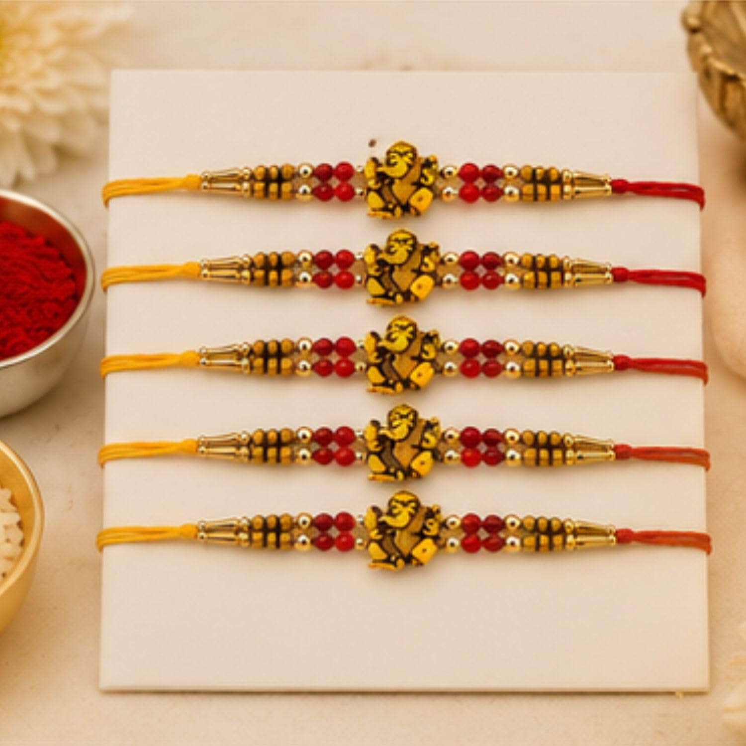 Rakhi Set of 5 Rakhi Gift Combo for Brother Boy Men Kids, Rudraksh Rakhi Gift, Dora Kundan Meena Rakhi Band Moli Bracelet Sto