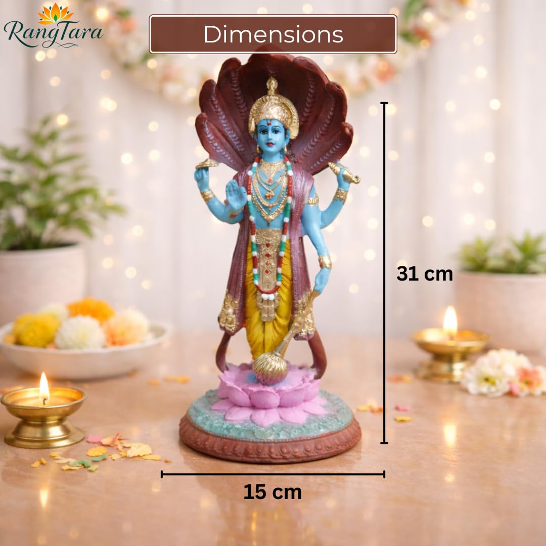 RangTara Resin Lord Vishnu on Sheshnag Idol | 12.5 Inch Antique Showpiece, Figurine for Home Pooja Mandir Decor - front view